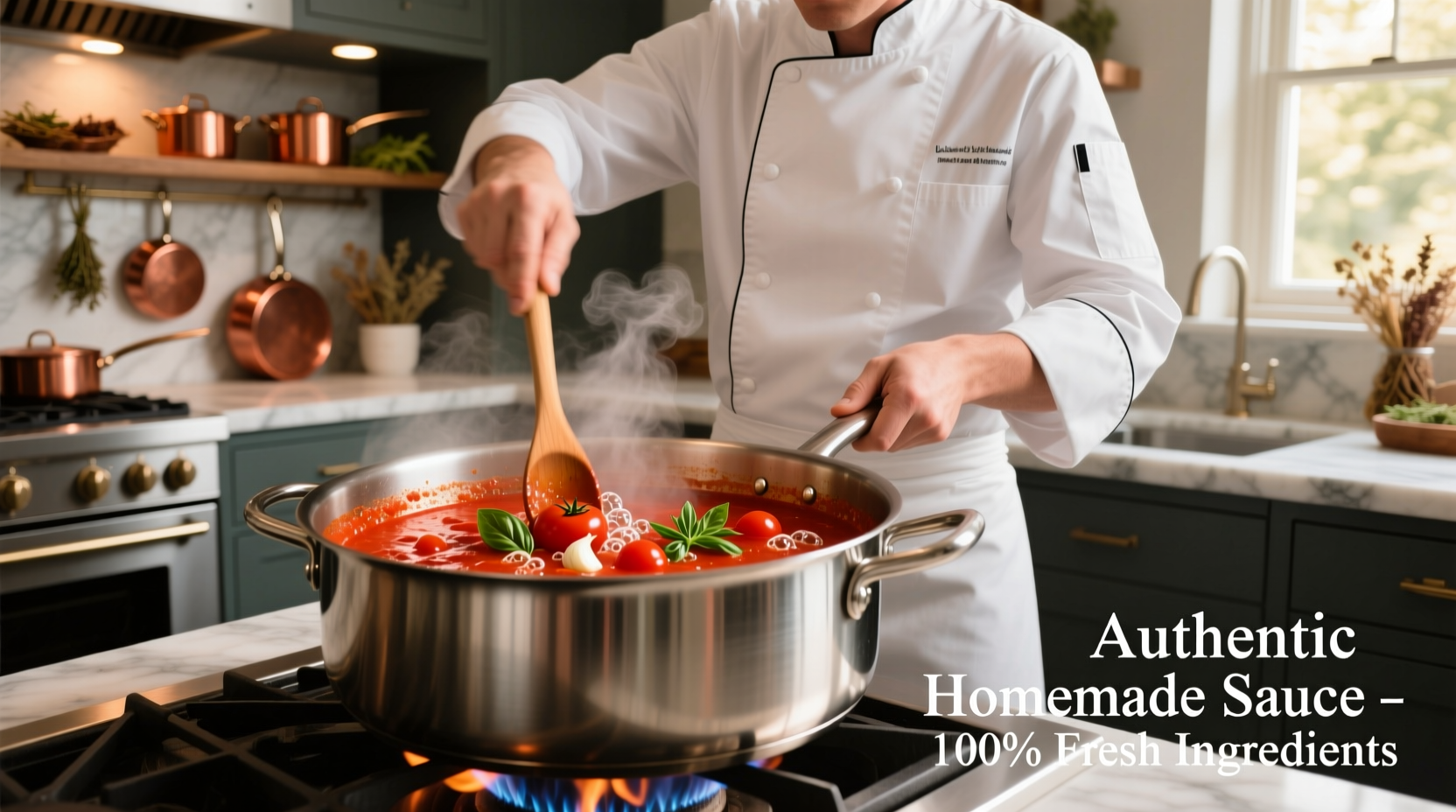 Chef stirring vibrant red tomato sauce in stainless steel pot