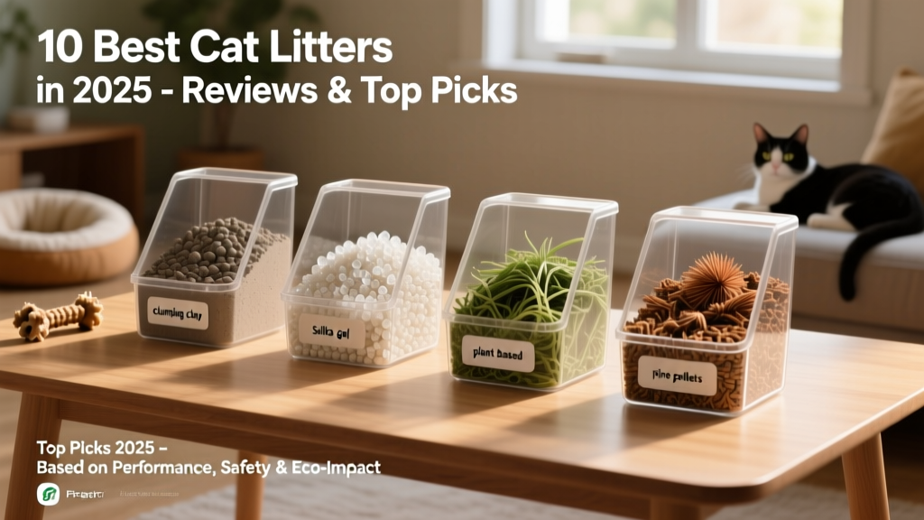 Side-by-side comparison of four popular cat litter types: clay, silica gel, plant-based, and pine pellets