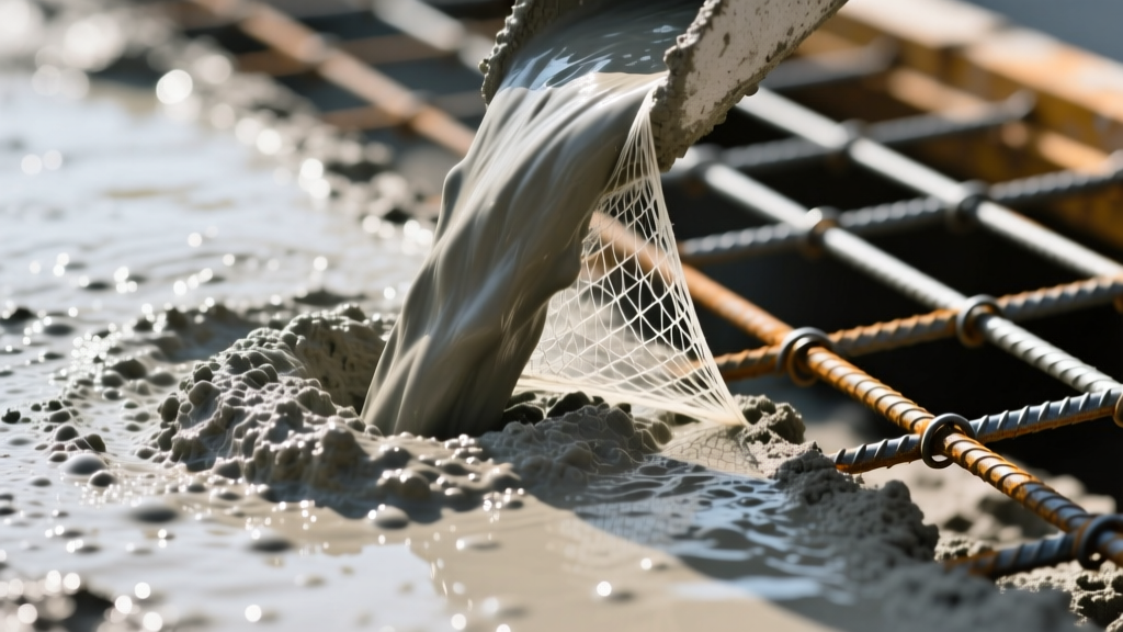 Close-up of concrete pour showing synthetic fiber mesh embedded in wet cement next to a grid of welded wire mesh reinforcement