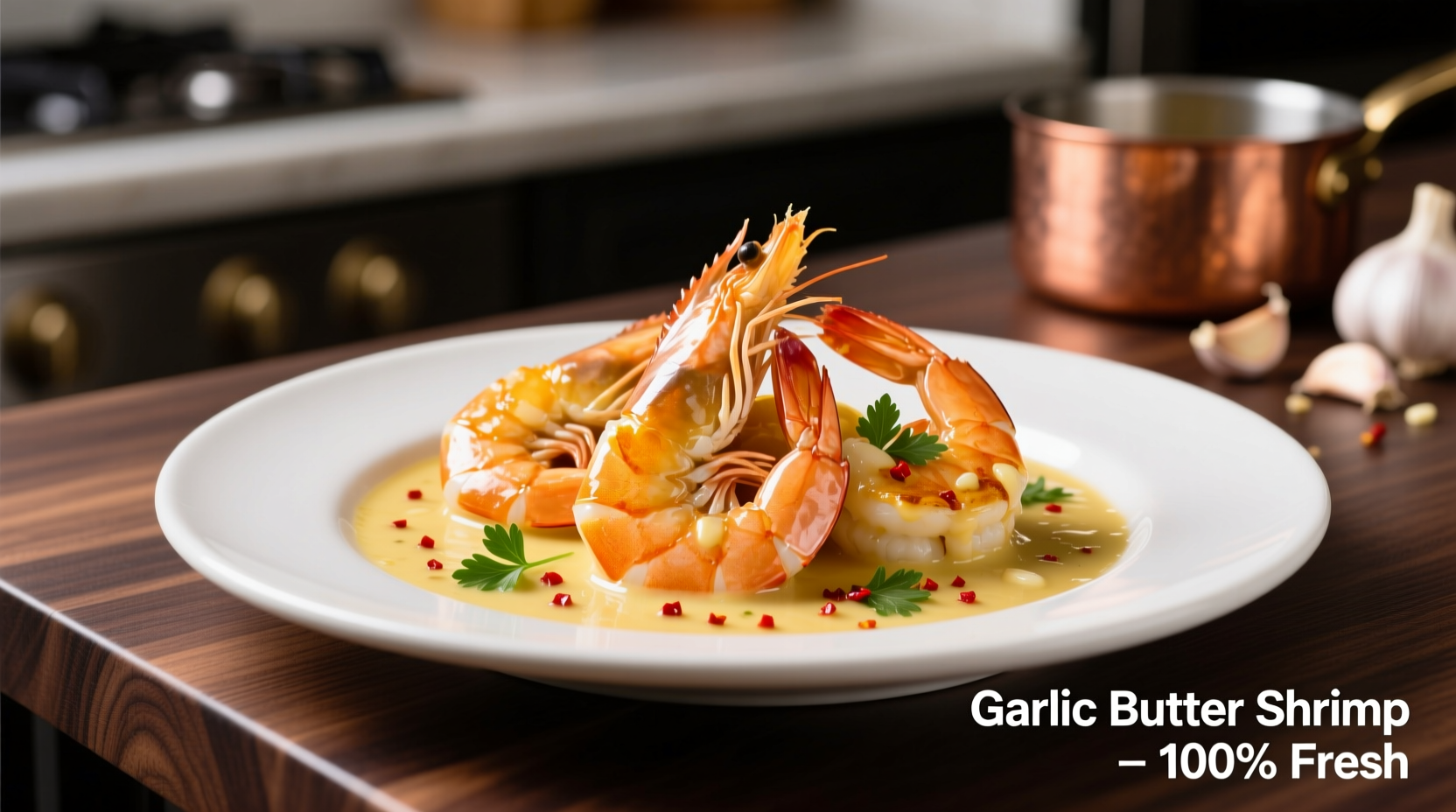 Perfectly cooked shrimp in garlic sauce