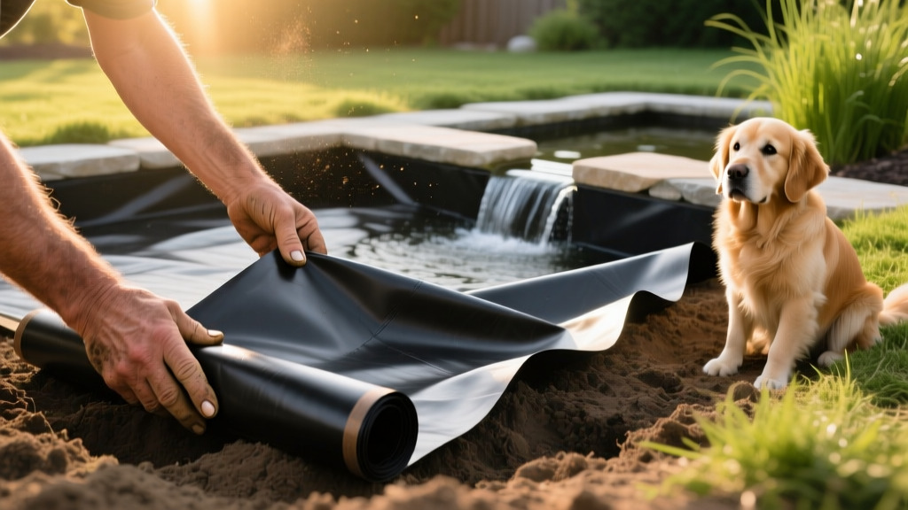 Close-up of hands unfolding a black EPDM pond liner over a prepared excavation site