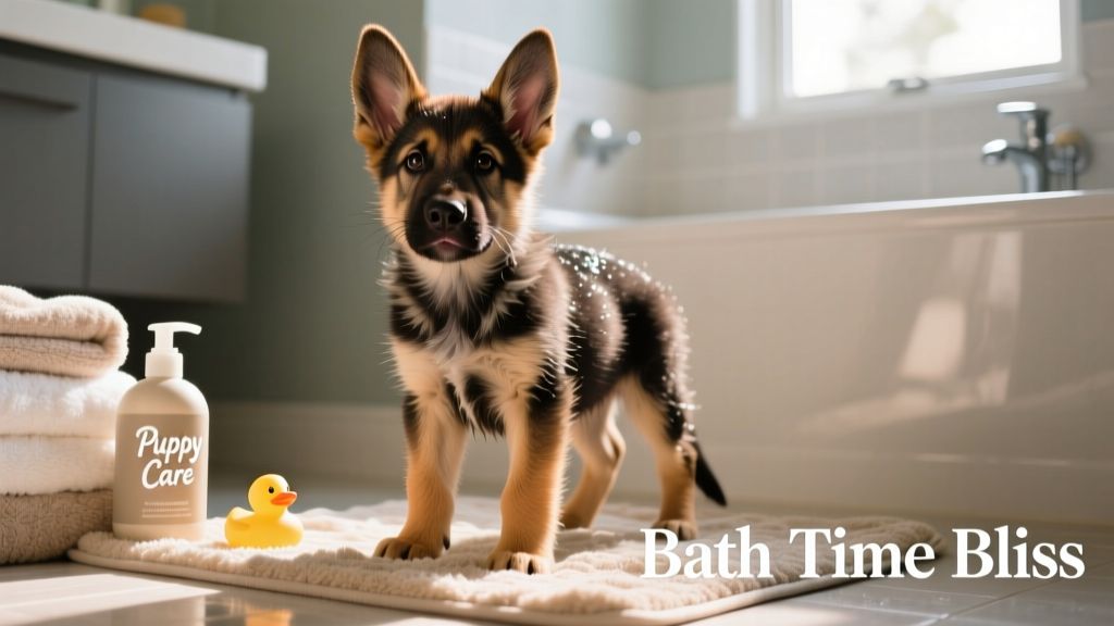 German Shepherd puppy standing calmly on a bath mat, looking relaxed