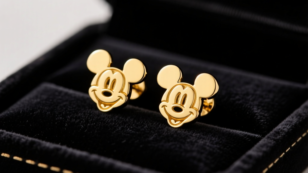Close-up of 14kt yellow gold Mickey Mouse silhouette stud earrings resting on a black velvet jewelry tray, soft studio lighting