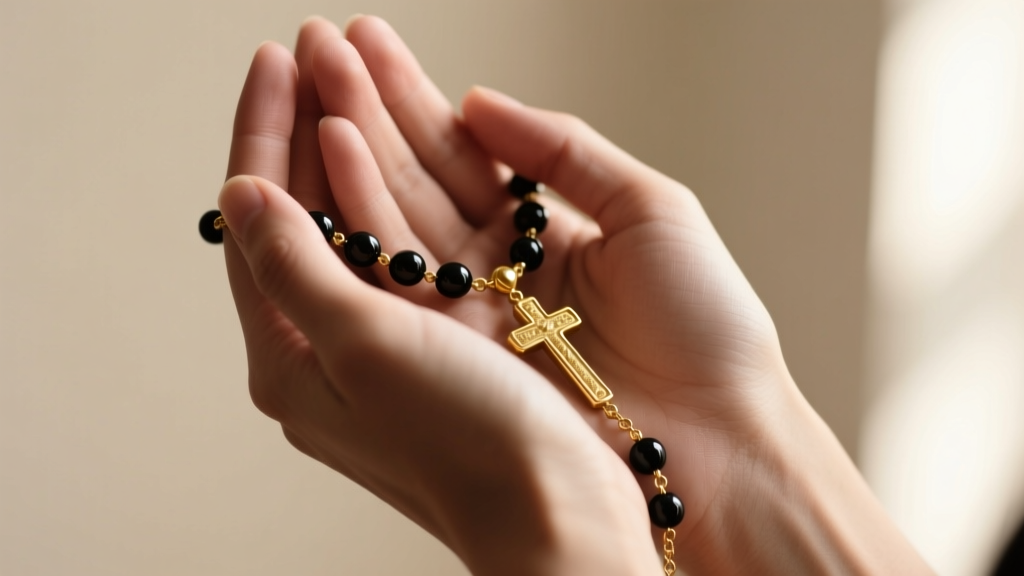 Hands holding a gold-filled rosary necklace with onyx beads, revealing tension on the delicate chain during daily prayer rituals.