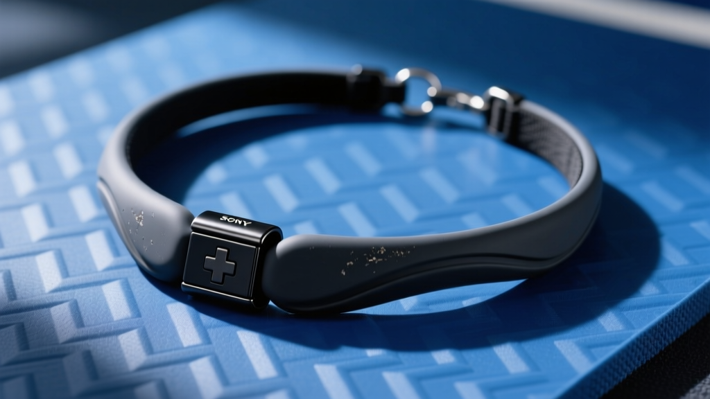 Close-up of a medical-grade silicone breakaway gymnastics necklace with a matte black magnetic clasp resting on a blue gym mat