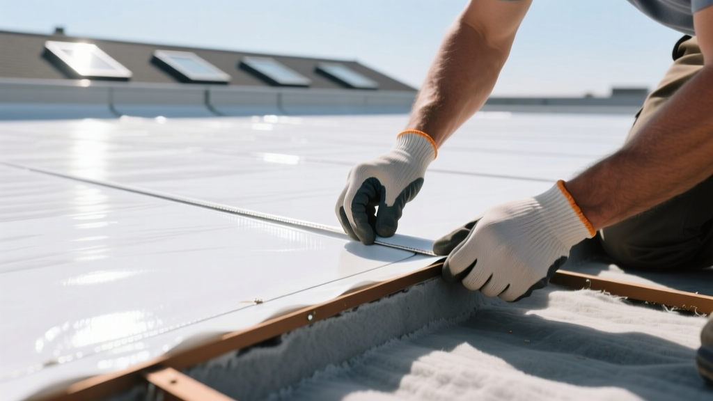 Close-up of a commercial roofing contractor inspecting heat-welded white TPO membrane seams on a large flat roof under bright sunlight