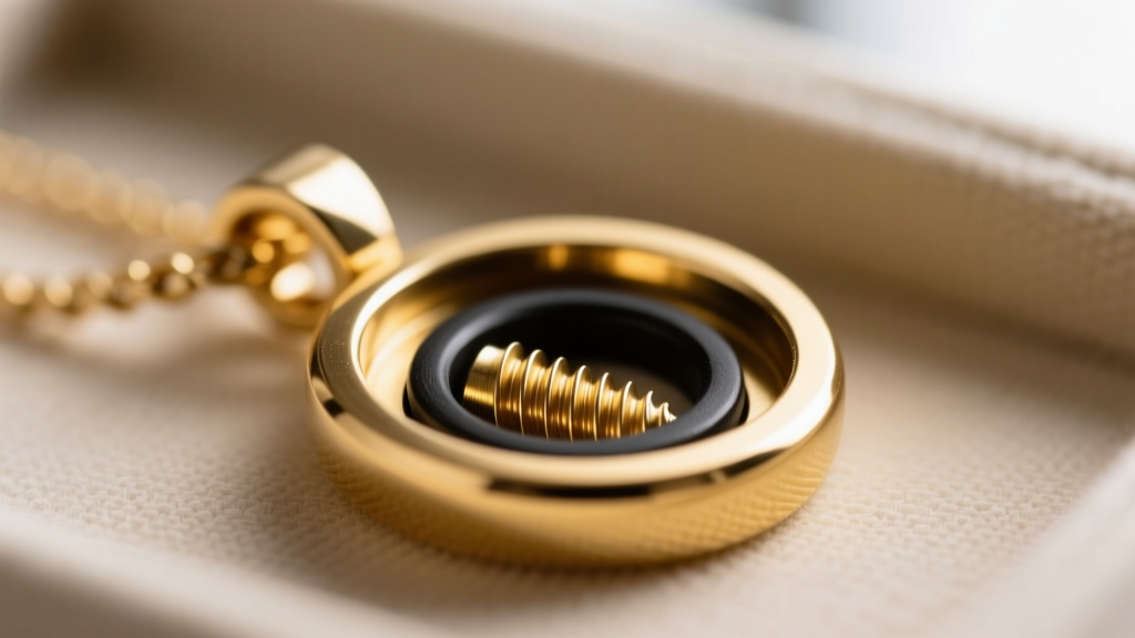 Macro view of internal threading in a gold cremation pendant, showing machined screw grooves and a small black rubber O-ring seal.