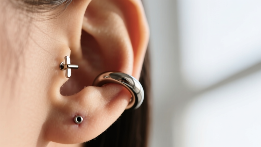 Close-up of a seamless 16-gauge titanium clicker hoop in a healed cartilage piercing, showing the flush hinge closure mechanism