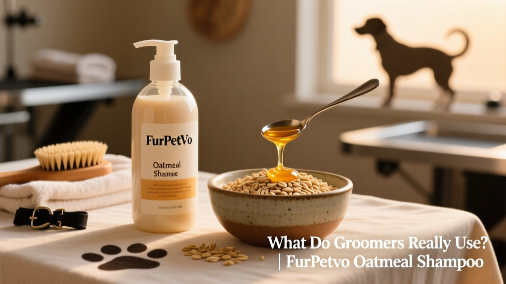 Bottle of FurPetVo Oatmeal Shampoo displayed beside a bowl of oats and a drizzle of honey