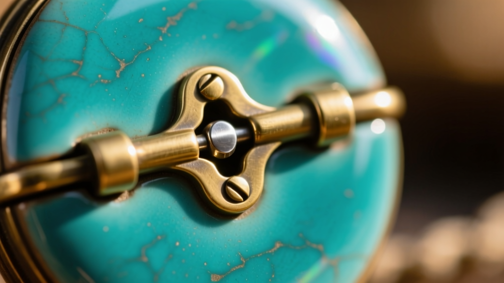 Macro shot of a brass barrel hinge on a teal enameled ocean locket, showing interlocking metal knuckles and a steel pin.