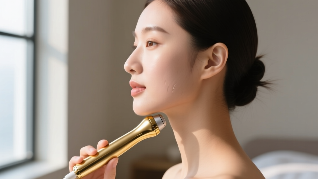 Side profile of a woman using a gold-plated radiofrequency skincare wand along her jawline to target skin laxity and tech-neck wrinkles.
