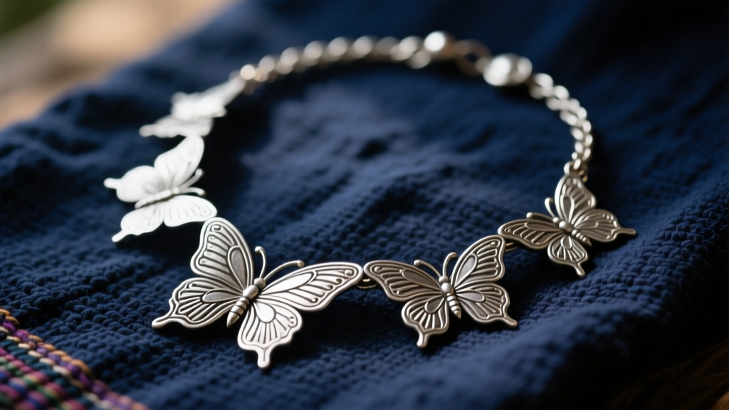 Heavy vintage silver Hmong necklace with repoussé butterfly motifs resting on dark indigo hemp fabric, softly lit from above