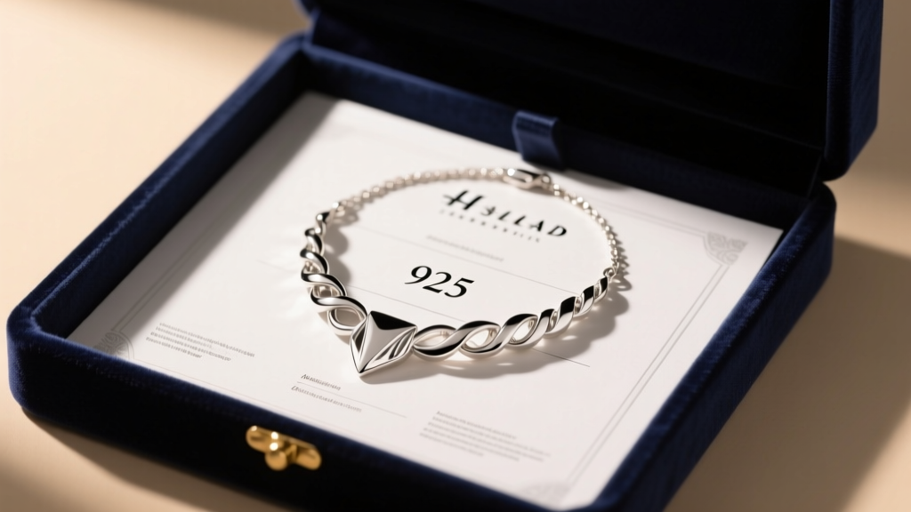 Polished 925 silver necklace resting on a certification document inside a dark velvet box under warm studio lighting.