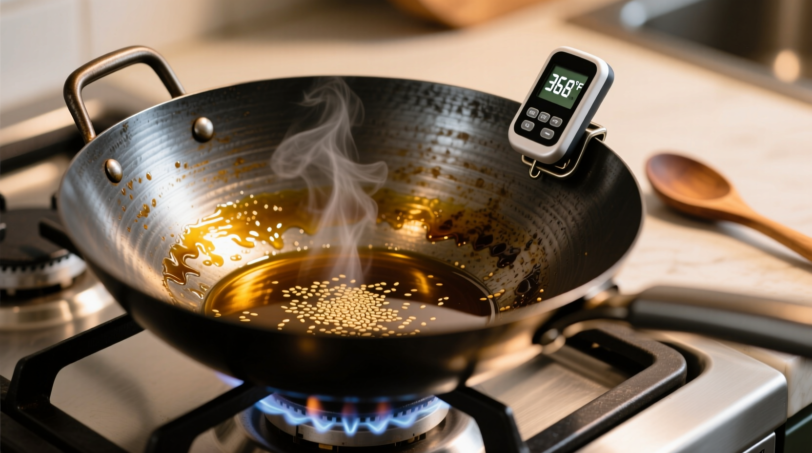 Close-up of a carbon steel wok being evenly coated with a translucent sheen of oil, placed over a gas burner set to low flame with a digital infrared thermometer clipped to its rim showing 368°F