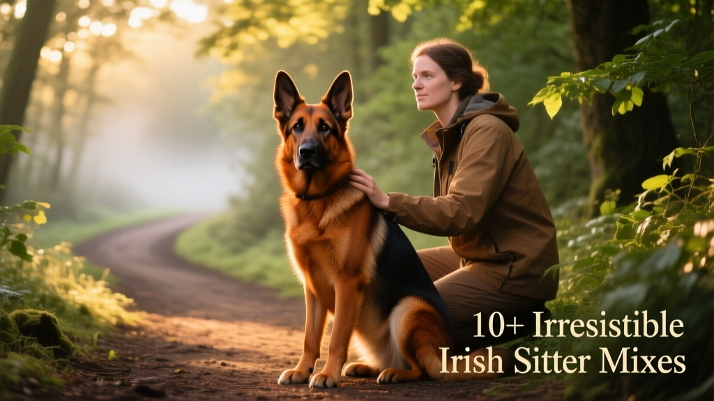 A sleek, reddish-brown German Shepsetter sitting attentively beside its owner on a forest trail