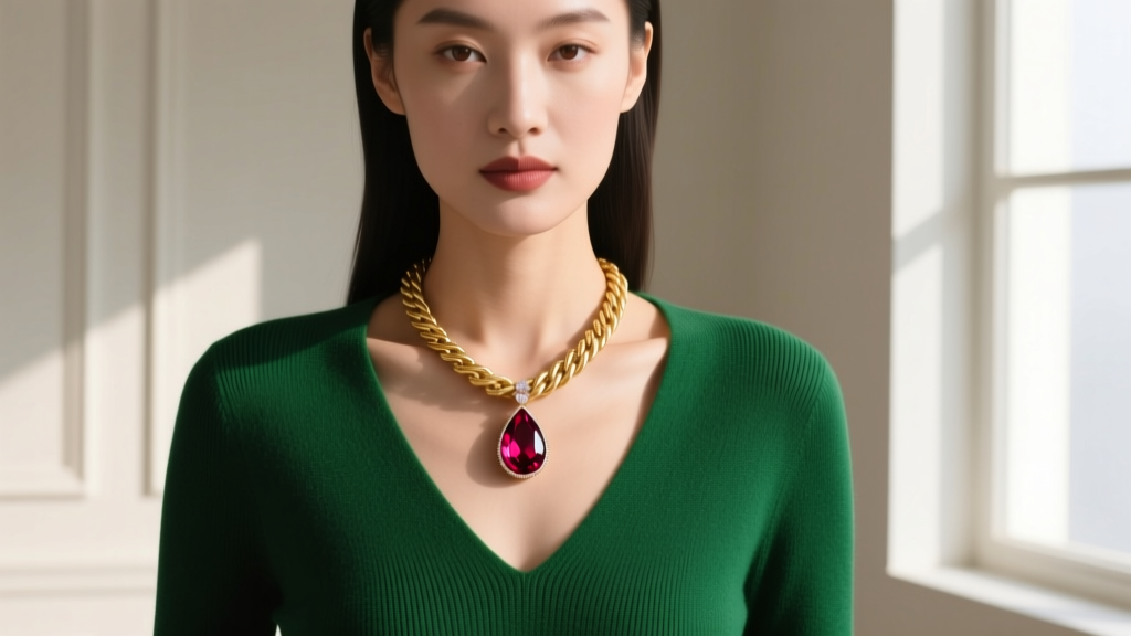 Woman in an emerald V-neck sweater wearing a thick gold rope chain and a large teardrop ruby pendant resting on her collarbone