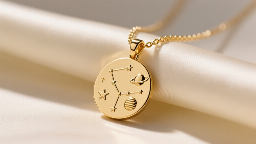 Gold vermeil Elisa coin pendant necklace on cream silk, showing engraved celestial motifs and a delicate cable chain.