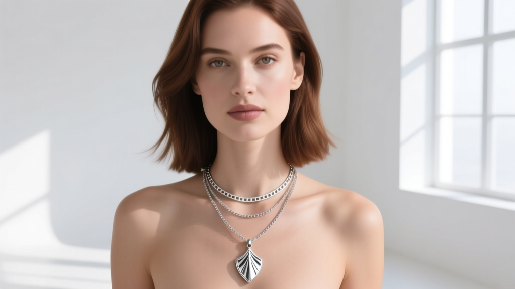 Woman wearing a layered necklace stack featuring a 16-inch silver spade pendant and an 18-inch plain sterling silver box chain.