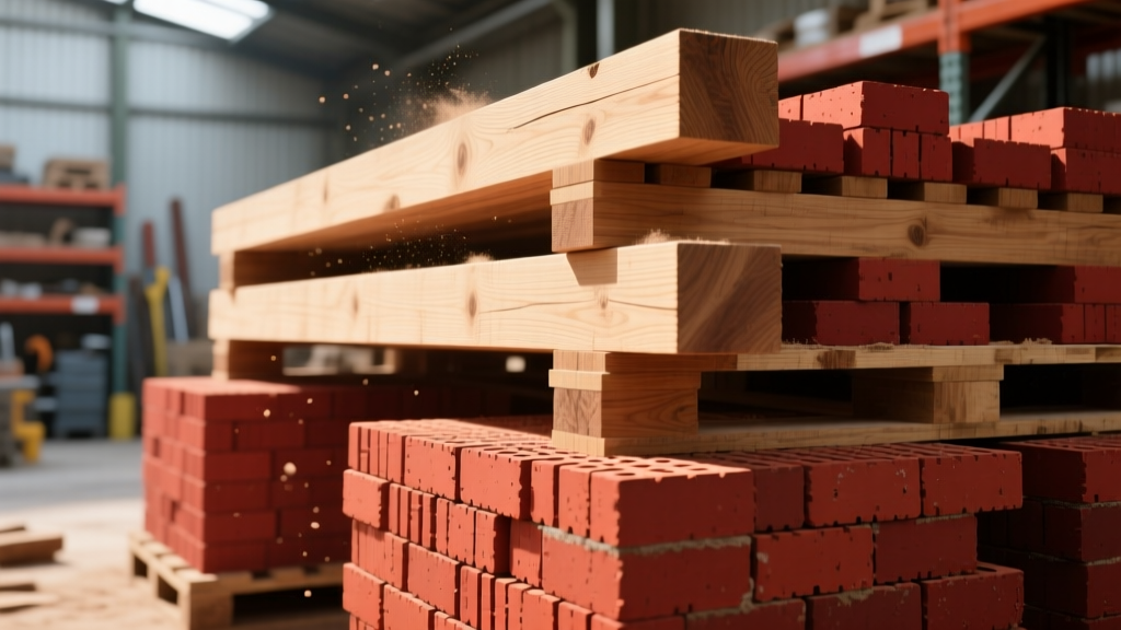 Close-up of stacked structural oak beams and pallets of red engineering bricks in a well-lit specialist builders merchant yard