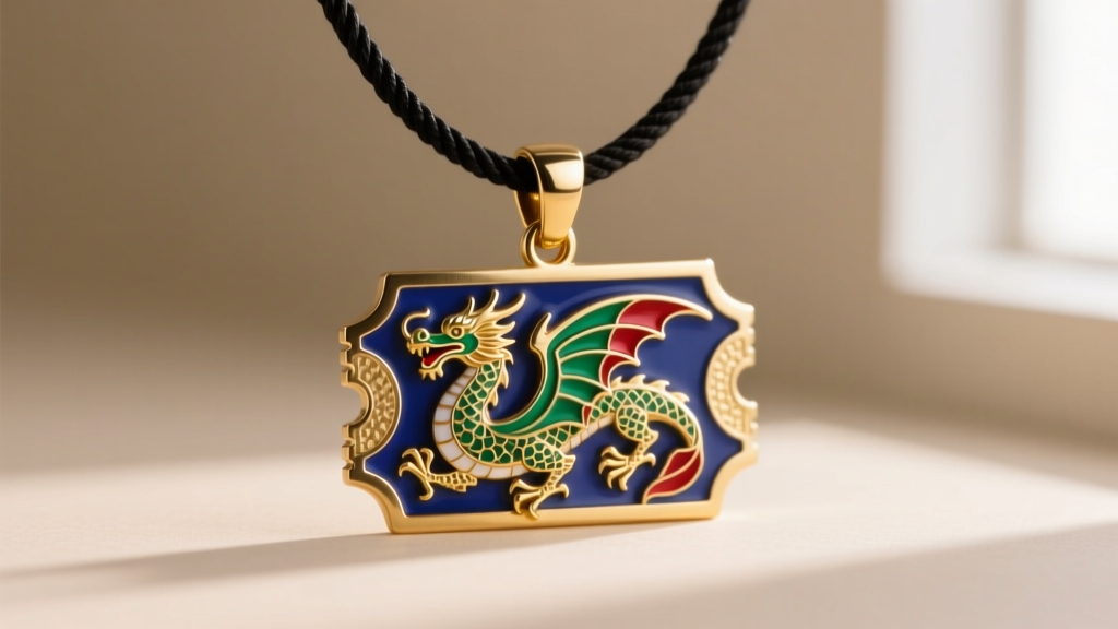 Macro shot of a brass and hard-enamel Wyvern Ticket necklace with gold plating, hanging from a 2mm black rope chain.