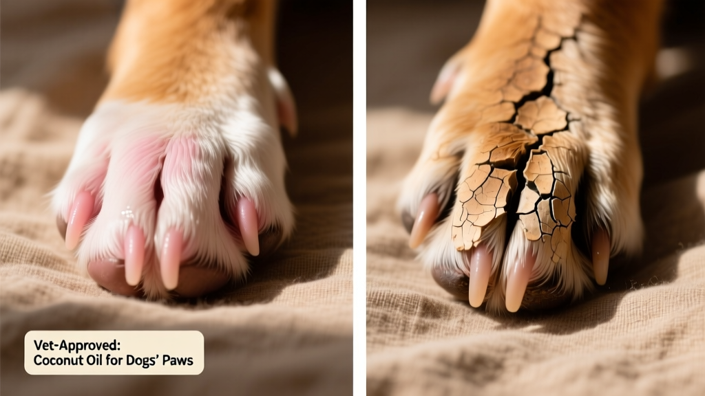 Side-by-side comparison showing healthy vs. dry, cracked dog paw pads