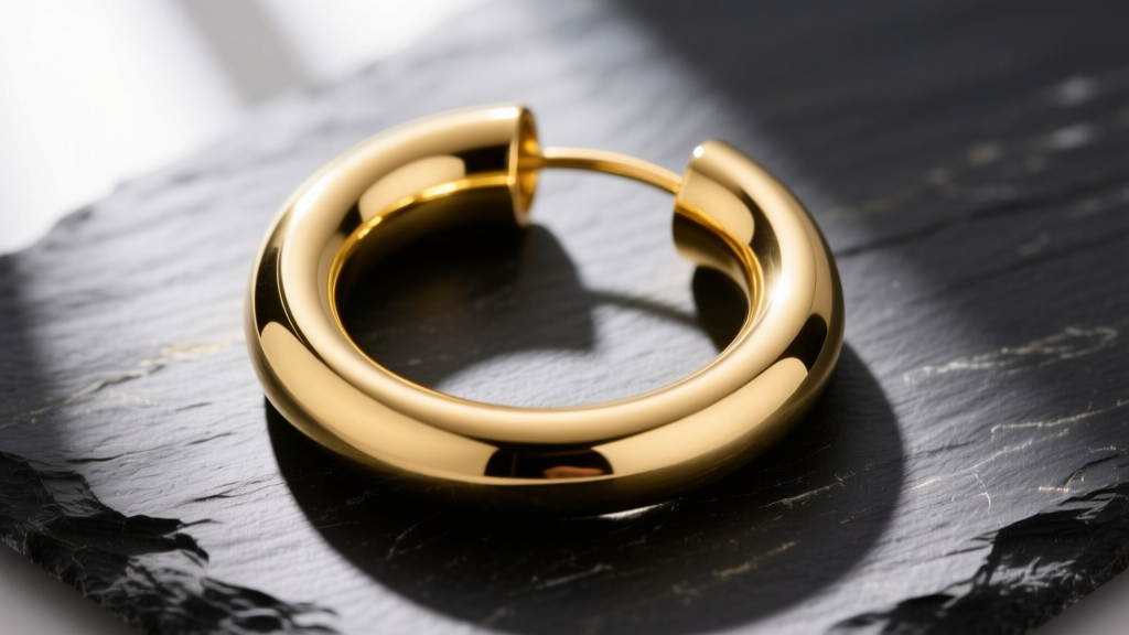 Macro photography of a polished 14k yellow gold wide hoop earring, 50mm diameter with a 5mm chunky tube, resting on dark slate.