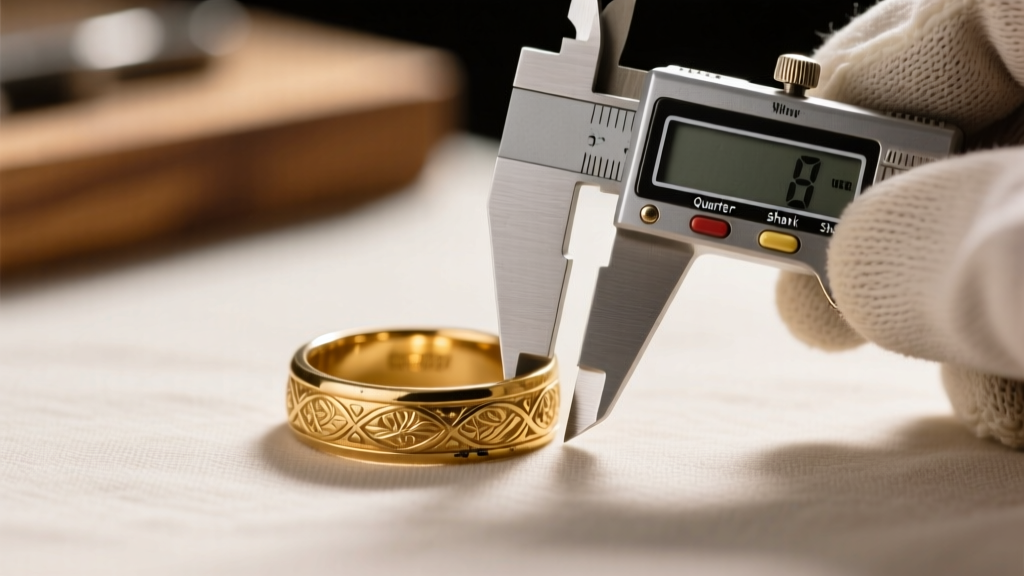 Worn vintage gold band measured with digital calipers before a quarter-shank replacement repair procedure on a jeweler