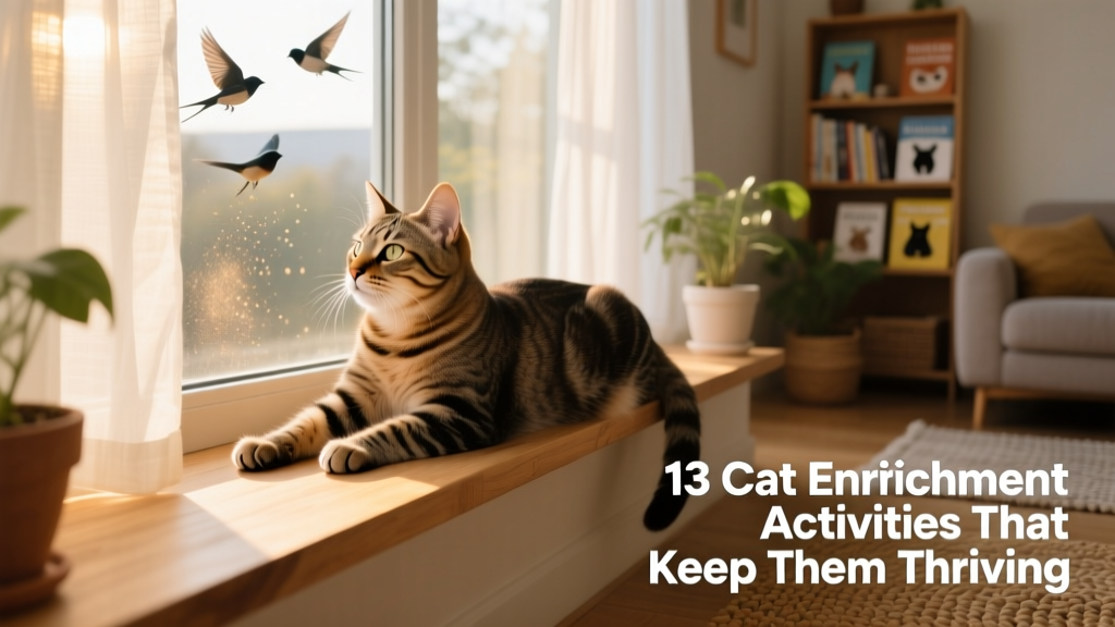 Cat lounging on a window perch, gazing outside at birds