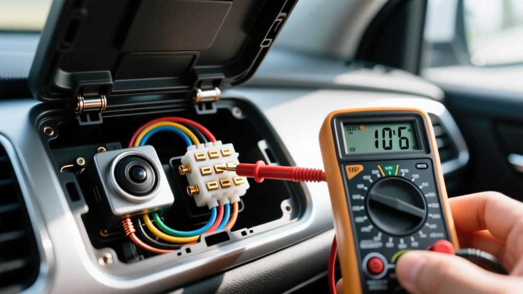 An open automotive fuse panel showing a low-profile mini fuse tap connected to a dash cam hardwire kit with a multimeter testing voltage.