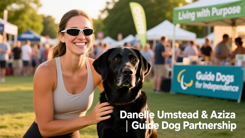 Danelle Umstead smiling beside her black Labrador guide dog Aziza at a public event