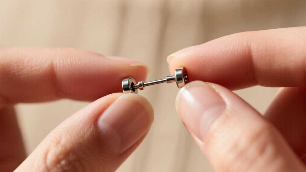 Fingers threading an 18-gauge Rowan security earring post into its locking metal back against a softly blurred neutral background.