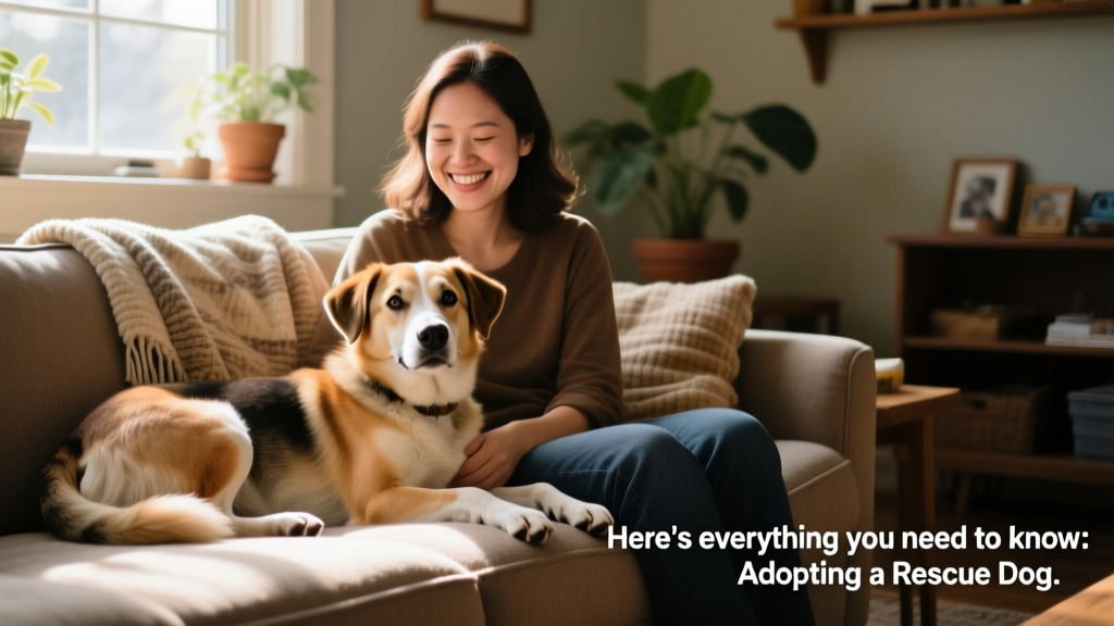 A happy, relaxed dog resting on a sofa beside their smiling new owner