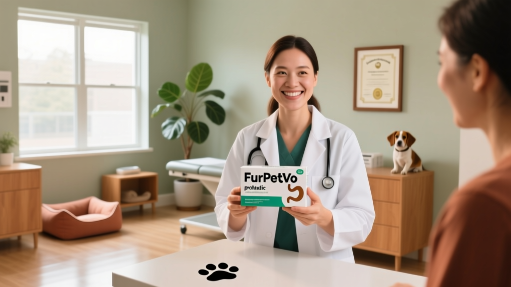 A veterinarian holding a FurPetVo probiotic box while smiling at the camera in a clinic exam room