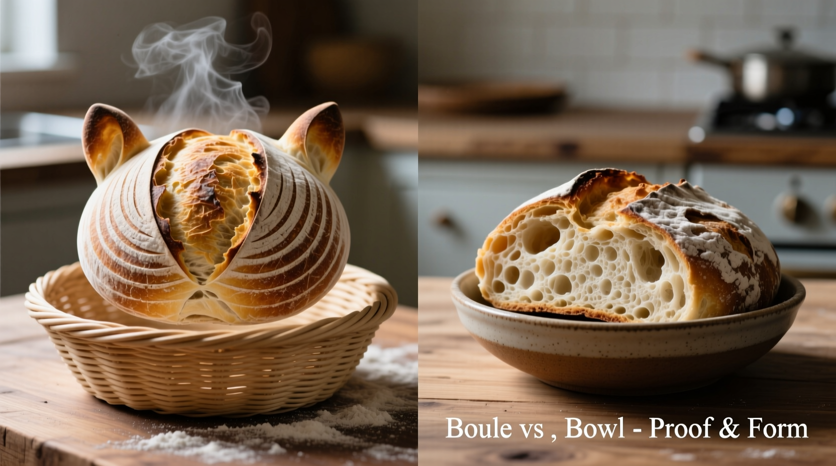 Side-by-side comparison showing a taut, well-scored sourdough boule lifted from a coiled cane banneton versus a flattened, misshapen loaf collapsed in a ceramic bowl after cold proof