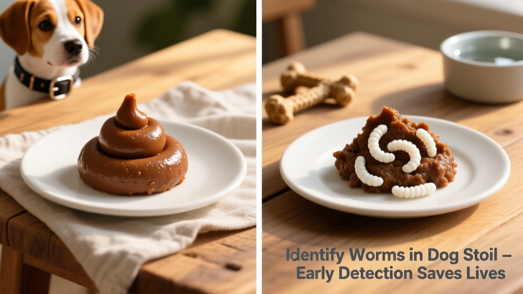 Side-by-side comparison: healthy puppy stool versus stool with visible white roundworms