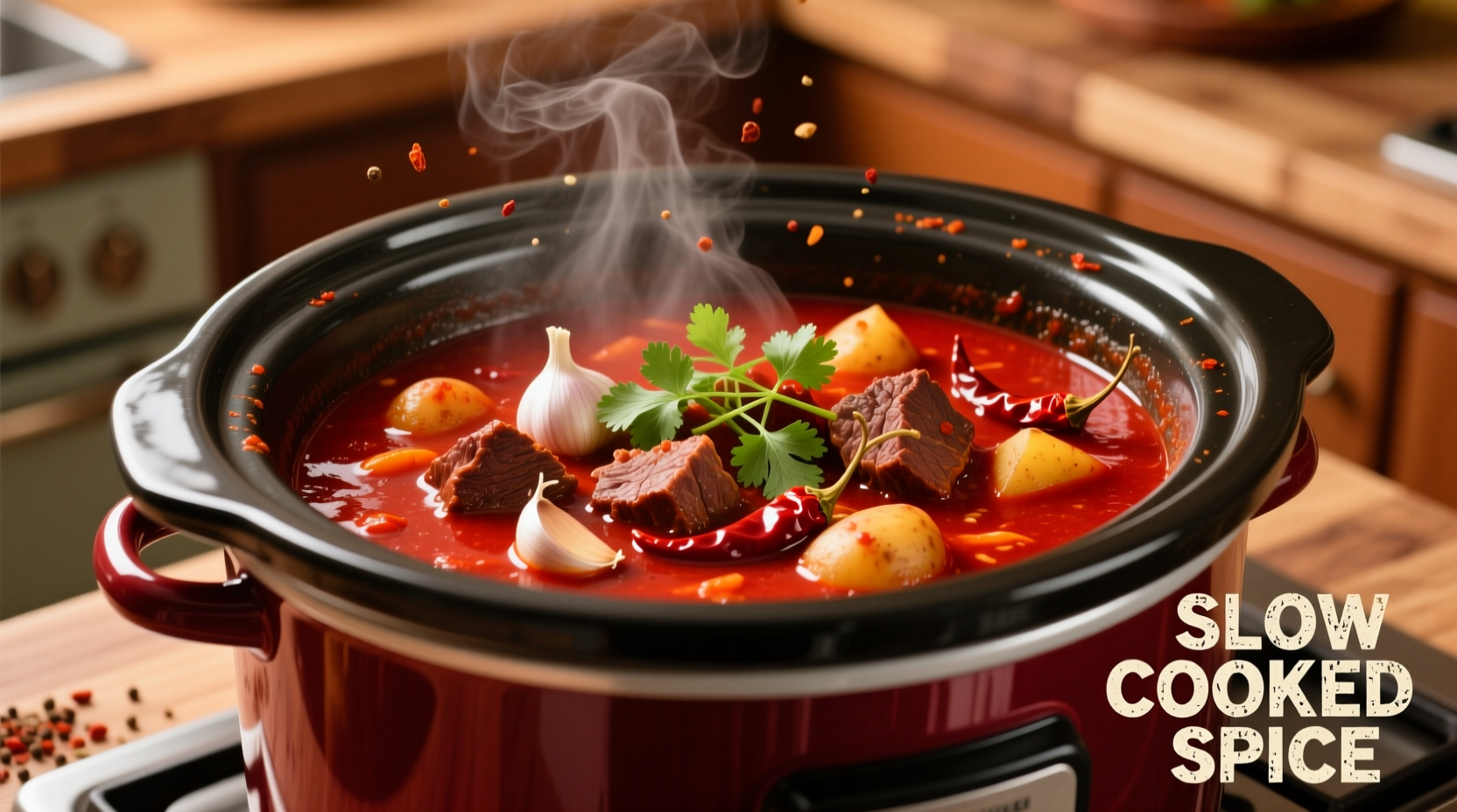 Slow cooker filled with rich red chili and ingredients
