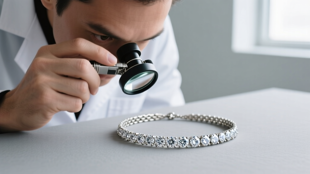 Jeweler inspecting a matrix tennis necklace under a loupe, focusing closely on prong tension and bezel setting security details.