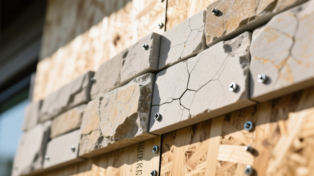 Close-up of interlocking polyurethane rock faux stone veneer panels in weathered limestone finish screwed into exterior OSB sheathing