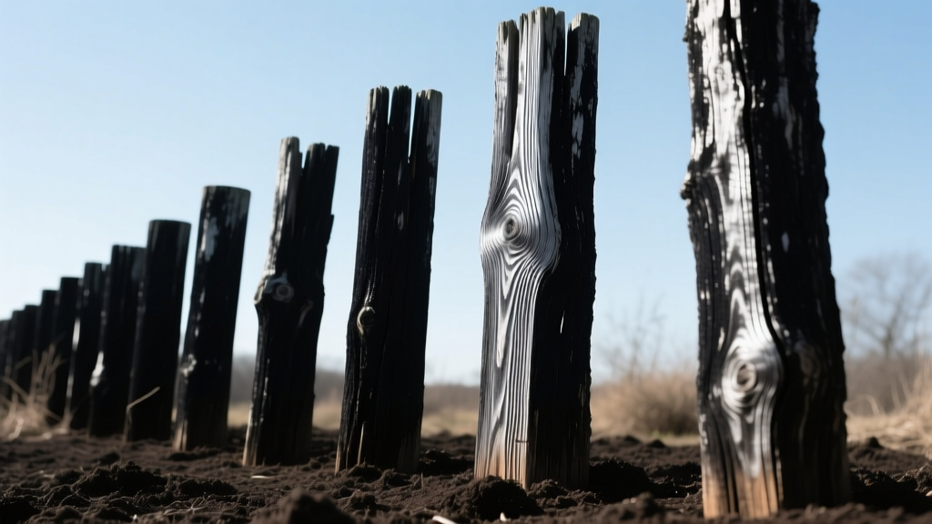 Black locust posts set in dark soil, highlighting natural rot resistance and silvered wood grain texture under bright outdoor sunlight.