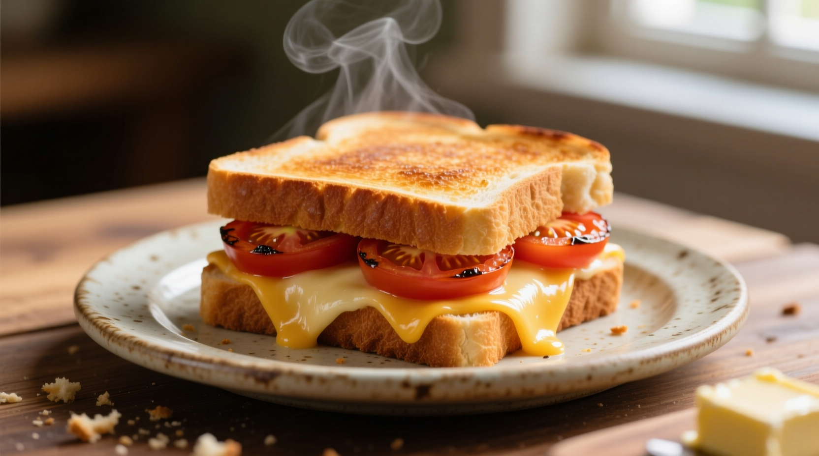 Perfect golden grilled cheese and tomato sandwich on plate