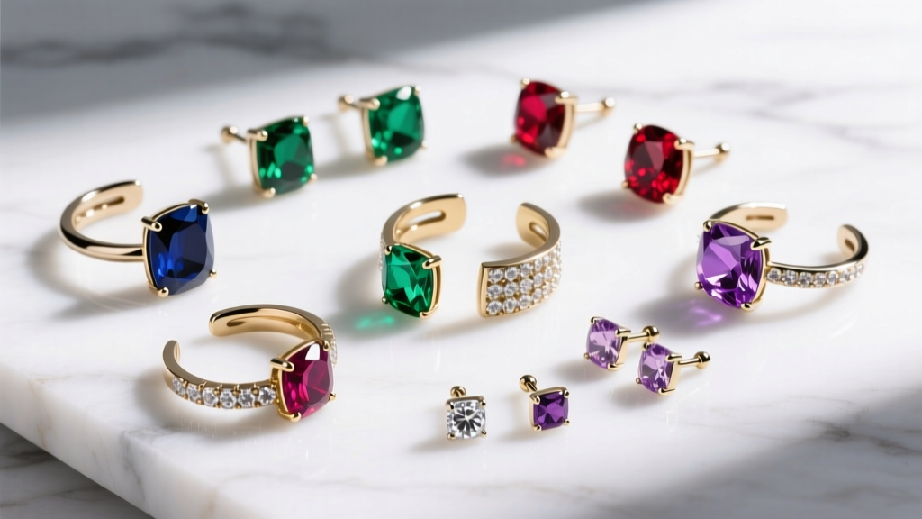Flat lay of multi gem ear cuffs and studs on white marble, showing varying gauge posts, clutch backings, and colorful gemstones