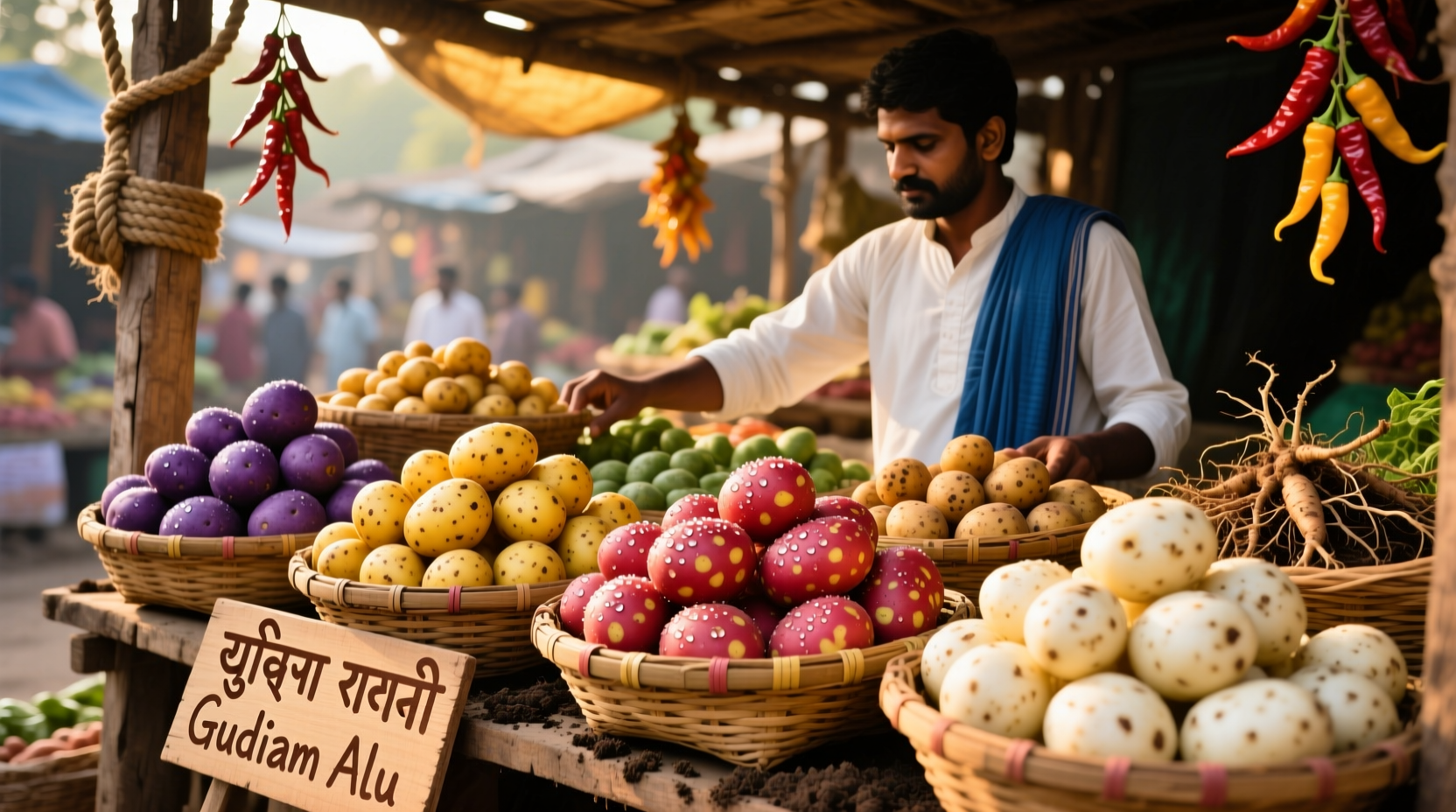 Fresh Indian potato varieties displayed at market stall