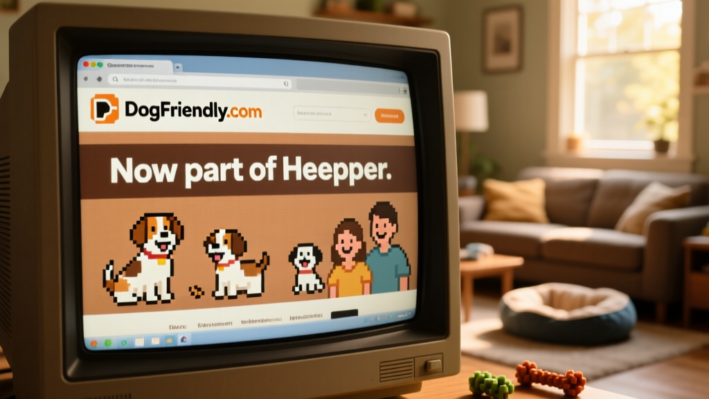 Vintage screenshot-style graphic showing early DogFriendly.com homepage layout