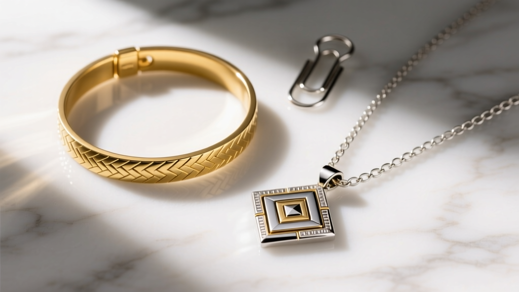 Flat lay on marble of a solid gold herringbone, silver paperclip chain, and mixed-metal pendant lit by warm directional light.
