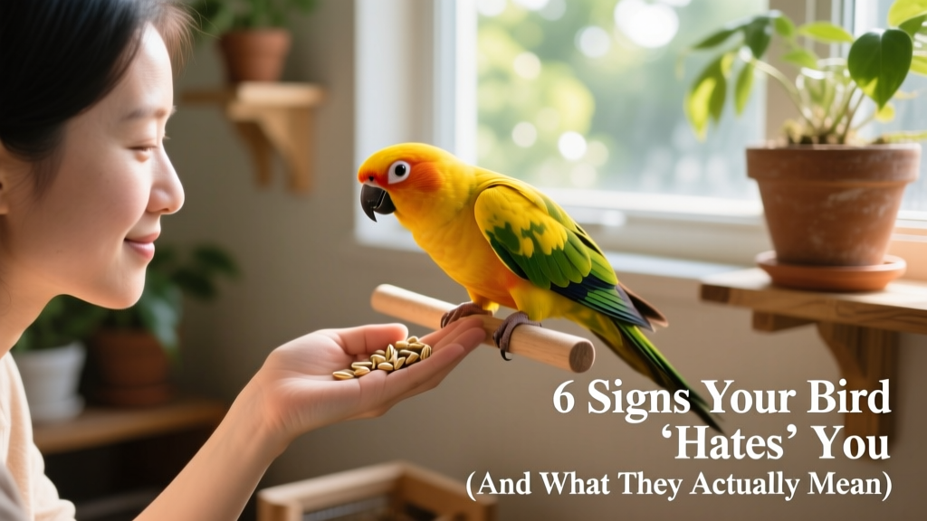 Gentle hand-feeding session between a human and a sun conure, both relaxed and engaged, with soft lighting and natural perches visible