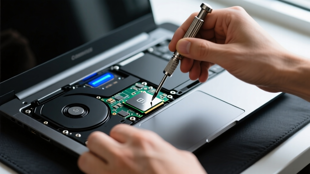 Hands using a precision screwdriver set from a tech repair kit to upgrade the internal SSD of a high-end gaming laptop on an anti-static mat