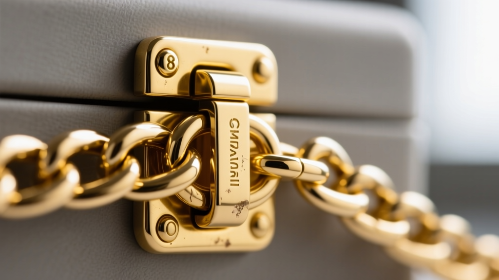 Macro shot of a heavy-duty jewelry box clasp with figure-eight safety catch engaged on an 8mm yellow gold Miami Cuban link chain