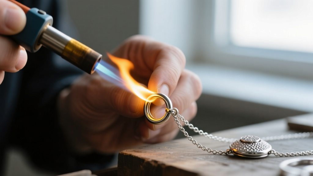 Close-up of a jeweler using a micro-torch to solder a tiny heavy-duty jump ring onto a delicate sterling silver necklace clasp