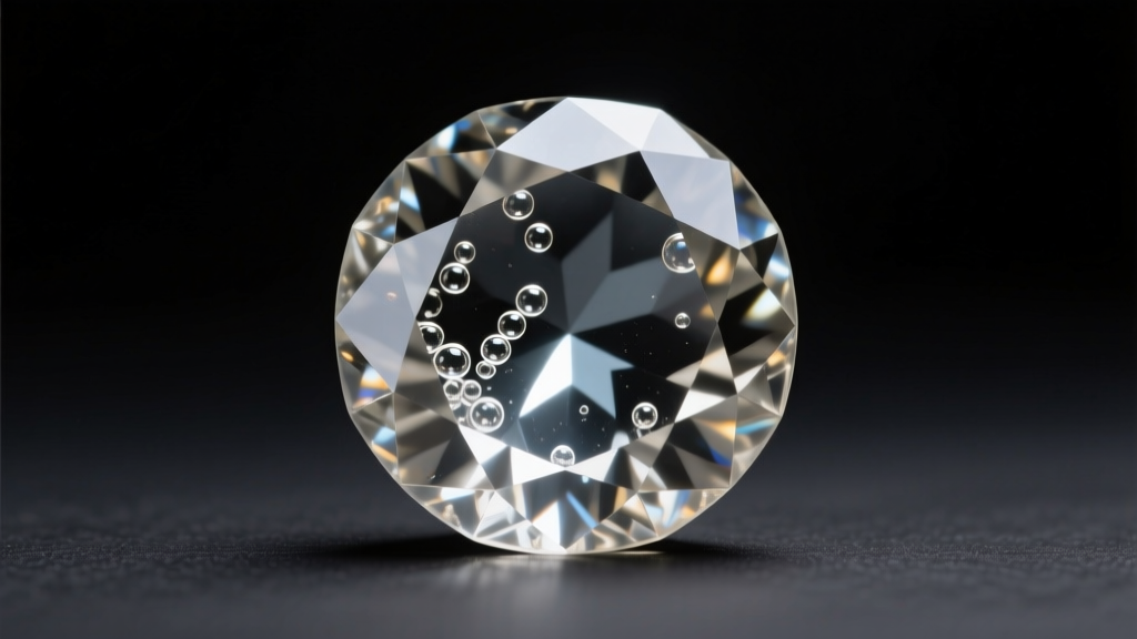 Macro photography of a vintage glass paste gemstone showing molded facets and internal air bubbles, lit against a dark backdrop.