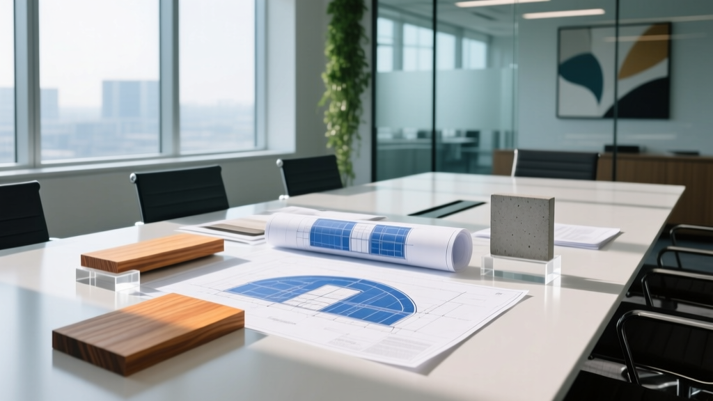 Boardroom table covered in architectural blueprints, merger contracts, and physical samples of engineered timber and low-carbon concrete.